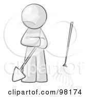 Royalty Free RF Clipart Illustration Of A Sketched Design Mascot Man Gardener With A Shovel And A Rake