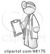 Poster, Art Print Of Sketched Design Mascot Male Doctor In A Jacket Holding A Clipboard And Wearing A Head Lamp During A Medical Exam