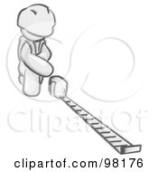 Royalty Free RF Clipart Illustration Of A Sketched Design Mascot Man Contractor Wearing A Hardhat Kneeling And Measuring