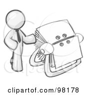 Royalty Free RF Clipart Illustration Of A Sketched Design Mascot Businessman Standing Beside A Rotary Card File With Blank Index Cards