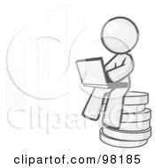Poster, Art Print Of Sketched Design Mascot Man Sitting On Coins And Using A Laptop By A Bar Graph