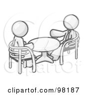 Poster, Art Print Of Sketched Design Mascot Businessmen Seated Across From Eachother At A Table During A Conference Or Meeting