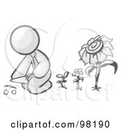 Poster, Art Print Of Sketched Design Mascot Man Kneeling By Growing Sunflowers To Plant Seeds In A Dirt Hole In A Garden
