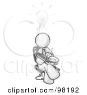 Royalty Free RF Clipart Illustration Of A Sketched Design Mascot Man Seated With His Legs Crossed Brainstorming And Writing Ideas Down In A Notebook A Lightbulb Over His Head by Leo Blanchette
