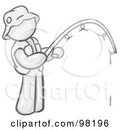 Royalty Free RF Clipart Illustration Of A Sketched Design Mascot Man Wearing A Hat And Vest And Holding A Fishing Pole