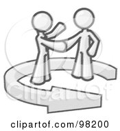 Royalty Free RF Clipart Illustration Of A Sketched Design Mascot Making A Deal With A Client While Standing In The Center Of An Arrow Circling Around Them