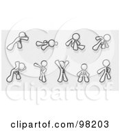 Royalty Free RF Clipart Illustration Of A Sketched Design Mascot Man Doing 9 Different Exercises And Stretches In A Fitness Gym