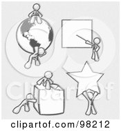 Poster, Art Print Of Sketched Design Mascot Men Doing Different Things Sitting On And Carrying A Globe Pointing At A Board Pushing And Sitting On A Cube And Holding Up A Star