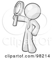Royalty Free RF Clipart Illustration Of A Sketched Design Mascot Man Holding Up A Magnifying Glass And Peering Through It While Investigating Or Researching Something