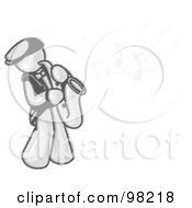 Royalty Free RF Clipart Illustration Of A Sketched Design Mascot Man Playing Jazz With A Golden Saxophone Music Notes Floating In The Air by Leo Blanchette