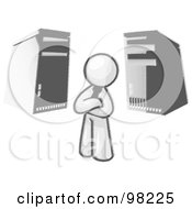 Poster, Art Print Of Sketched Design Mascot Businessman Character Standing In Front Of Server Towers