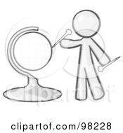 Royalty Free RF Clipart Illustration Of A Sketched Design Mascot Man Inserting Pins On A Globe