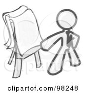 Poster, Art Print Of Sketched Design Mascot Man Standing By A Dollar Sign Puzzle On A Presentation Board During A Meeting