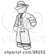Sketched Design Mascot Man In A Trench Coat And Hat Carrying A Secret Box
