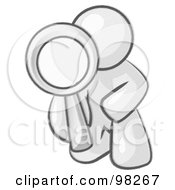 Royalty Free RF Clipart Illustration Of A Sketched Design Mascot Man Kneeling On One Knee To Look Closer At Something While Inspecting Or Investigating