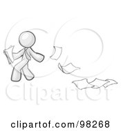 Sketched Design Mascot Man Dropping White Sheets Of Paper On A Ground And Leaving A Paper Trail