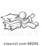 Poster, Art Print Of Sketched Design Mascot Man Seated On The Floor Reading Papers And Leaning Against A Stack Of Papers