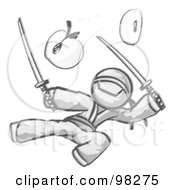 Royalty Free RF Clipart Illustration Of A Sketched Design Mascot Man Ninja Jumping And Slicing An Apple With Swords