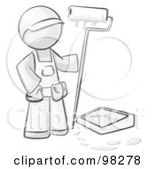 Poster, Art Print Of Sketched Design Mascot Man Painter With A Paint Pan And Roller