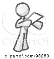Royalty Free RF Clipart Illustration Of A Sketched Design Mascot Business Man Holding A Piece Of Paper During A Speech Or Presentation