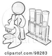 Royalty Free RF Clipart Illustration Of A Sketched Design Mascot Man Scientist Using A Microscope By Vials by Leo Blanchette