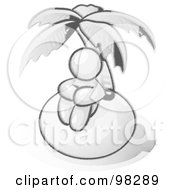 Royalty Free RF Clipart Illustration Of A Sketched Design Mascot Man Sitting All Alone With A Palm Tree On A Deserted Island