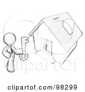Poster, Art Print Of Sketched Design Mascot Businessman Holding A Skeleton Key And Standing In Front Of A House With A Coin Slot And Keyhole