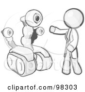Poster, Art Print Of Sketched Design Mascot Man Inventor With A Rover Robot