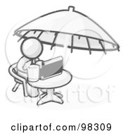 Poster, Art Print Of Sketched Design Mascot Businessman Sitting At A Table Under An Umbrella Drinking A Beverage And Using A Laptop Compute