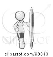 Royalty Free RF Clipart Illustration Of A Sketched Design Mascot Lady Standing With A Giant Pen In Front Of A Check Mark by Leo Blanchette