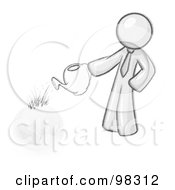 Royalty Free RF Clipart Illustration Of A Sketched Design Mascot Man Using A Watering Can To Water New Grass Growing On Planet Earth by Leo Blanchette