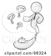 Royalty Free RF Clipart Illustration Of A Sketched Design Mascot Genie Man Emerging From A Golden Lamp Near Three Question Marks