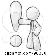 Royalty Free RF Clipart Illustration Of A Sketched Design Mascot Business Man Standing By A Large Exclamation Point by Leo Blanchette
