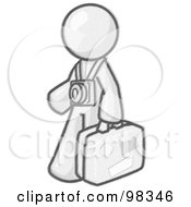 Poster, Art Print Of Sketched Design Mascot Male Tourist Carrying His Suitcase And Walking With A Camera Around His Neck