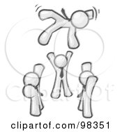 Royalty Free RF Clipart Illustration Of A Sketched Design Mascot Men Tossing Another Into The Air While Celebrating An Achievement
