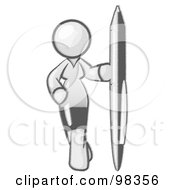 Royalty Free RF Clipart Illustration Of A Sketched Design Mascot Woman In A Dress Standing With One Hand On Her Hip Holding A Huge Pen
