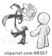 Royalty Free RF Clipart Illustration Of A Sketched Design Mascot Man Proudly Standing In Front Of His Giant Sunflower In His Garden by Leo Blanchette