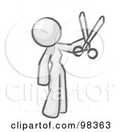 Sketched Design Mascot Woman Standing And Holing Up A Pair Of Scissors
