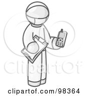 Poster, Art Print Of Sketched Design Mascot Surgeon Man In Scrubs Holding A Clipboard And A Wireless Cell Phone