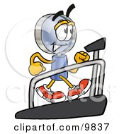 Magnifying Glass Mascot Cartoon Character Walking On A Treadmill In A Fitness Gym