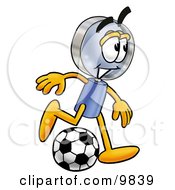 Magnifying Glass Mascot Cartoon Character Kicking A Soccer Ball