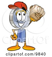 Magnifying Glass Mascot Cartoon Character Catching A Baseball With A Glove