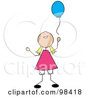 Happy Blond Stick Girl Releasing A Blue Balloon