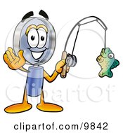 Poster, Art Print Of Magnifying Glass Mascot Cartoon Character Holding A Fish On A Fishing Pole