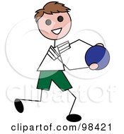 Poster, Art Print Of Happy Brunette Stick Boy Running With A Ball