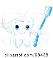 Cute Blue Eyed Tooth Waving And Holding A Toothbrush