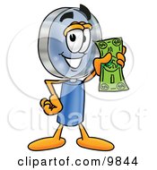 Magnifying Glass Mascot Cartoon Character Holding A Dollar Bill