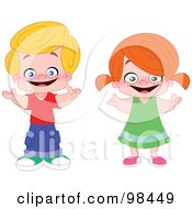 Royalty Free RF Clipart Illustration Of A Digital Collage Of A Happy Smiling Boy And Girl Holding Their Arms Out