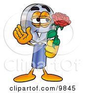 Magnifying Glass Mascot Cartoon Character Holding A Red Rose On Valentines Day