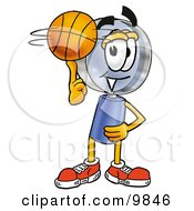Magnifying Glass Mascot Cartoon Character Spinning A Basketball On His Finger